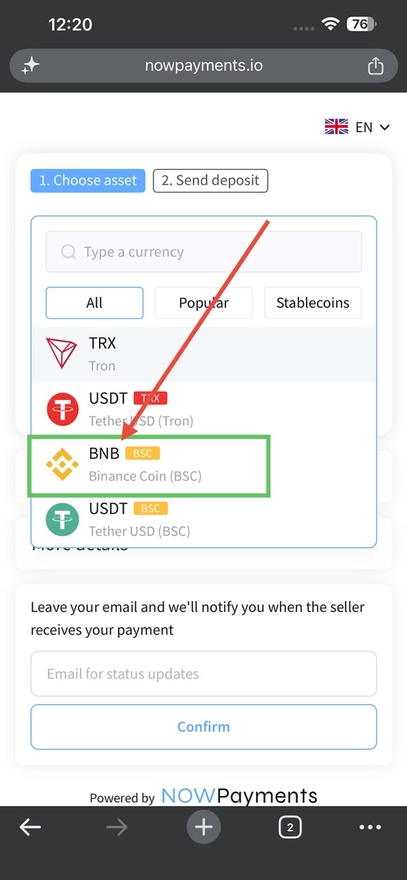 Choose BNB (BSC) as your coin