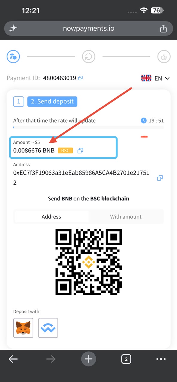 Copy the payment amount, address or scan the QR code